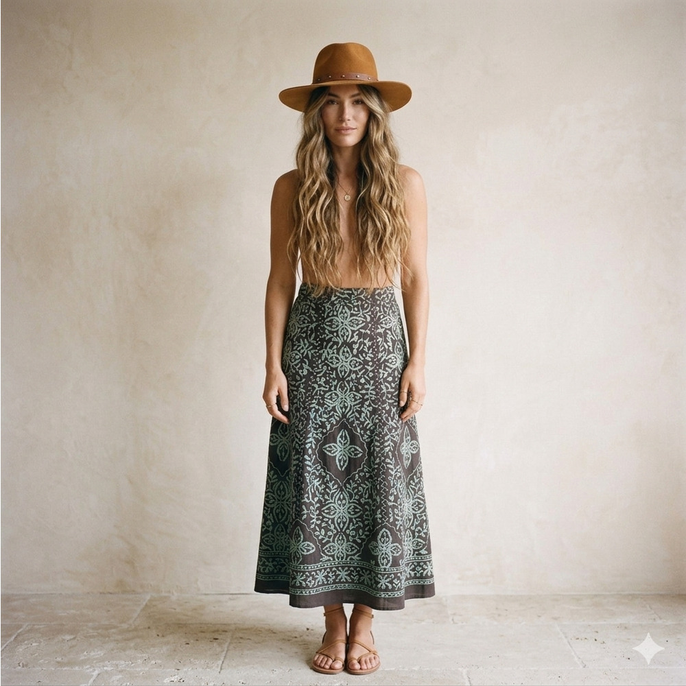 Soft Surroundings Midi Skirt Cotton Embroidered Boho chic Indie medium